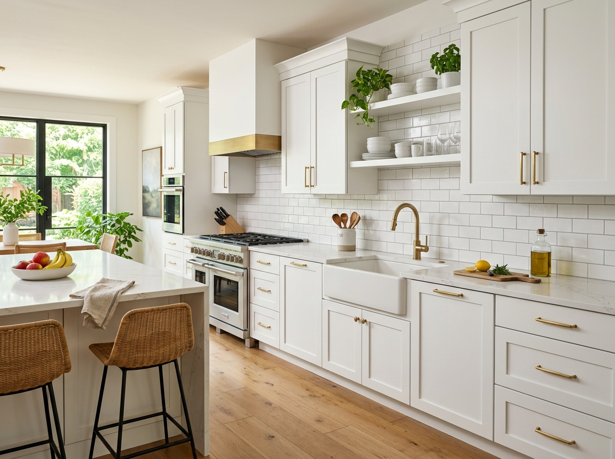 Freshly sprayed white shaker cabinets after refinishing