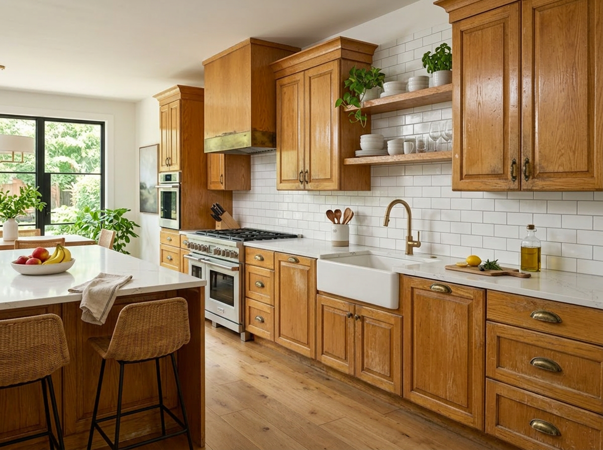 Worn dated oak kitchen cabinets before refinishing