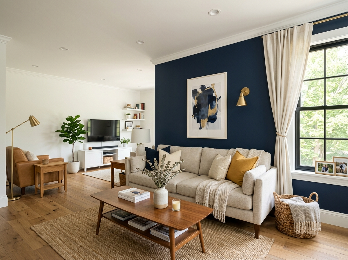 Freshly painted living room with navy accent wall