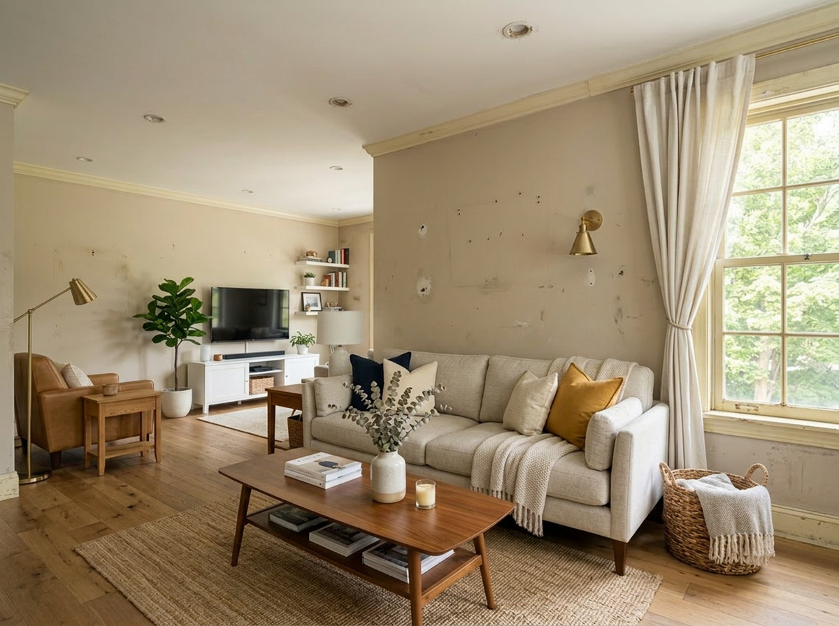 Dated, scuffed living room before painting